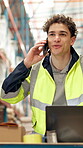 Phone call, smile and thinking with man in warehouse for delivery or logistics management. Communication, laptop and planning with employee in factory or plant for distribution, stock and storage
