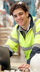 Logistics, face and happy worker with laptop in warehouse, delivery schedule and export packages. Smile, shipping agenda or portrait of man in distribution center, tech or inventory for cargo storage