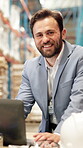 Logistics, face and happy manager with laptop in warehouse, online schedule or package delivery. Digital agenda, cargo shipping and man check for safety compliance, storage distribution and inventory