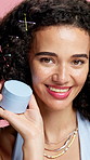 Girl, face and jar for skincare in studio with smile, fashion and confidence with lotion on background. Gen z woman, cosmetics and happy with product, dermatology or pride with portrait in Costa Rica