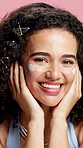 Skincare, beauty and woman with face cream for smile, wellness and dermatology routine. Cosmetic, hydration and happy model with facial lotion, spf and creme portrait isolated on studio background