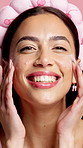 Face, cream and woman in studio, beauty and smile with dermatology on pink background. Creme, lotion or happy person with cosmetics, skincare or moisturizer with wellness, shine or grooming with glow