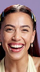 Face, beauty and woman laugh in studio for cosmetology, natural dermatology and skincare. Portrait, funny and model with cosmetics for glow, shine and wellness with aesthetic on purple background