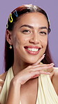 Face, skincare and happy woman in studio for beauty, natural dermatology and aesthetic. Portrait, model and cosmetics for shine, touch skin and collagen treatment for self care on purple background