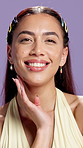 Face, skincare and happy woman in studio for glow, natural dermatology or cosmetology. Portrait, model and cosmetics for beauty, touch skin and collagen treatment for aesthetic on purple background