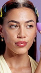 Blush, makeup and sponge with face of woman in studio for shine, foundation application and self care. Beauty powder, aesthetic and highlighter glow with person on purple background for cosmetics