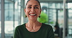 About us, face and funny with business woman in financial workplace for career development. Excited, finance and laughing with mature accounting employee in corporate office for company management