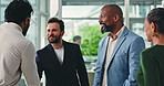 Greeting, handshake and business people with smile, meeting or welcome gesture for investors or team. Happy, hello and shaking hands with clients for investment opportunity, group and conversation