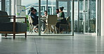 Boardroom, discussion and meeting with business people in workplace together for planning. Collaboration, conversation and strategy with employee team in glass office for project management or review