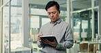 Agenda, tablet and writing with business man in glass office for online planning or research. App, pen and schedule with Asian employee in professional workplace for calendar entry or management