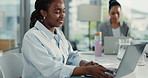 Woman, laptop and happy with typing at office meeting, review and problem solving at finance company. Person, accountant and smile with computer for feedback, report or investment portfolio at agency