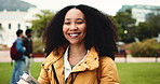 Face, woman and student at university, laughing and ambitious for future, education and scholarship. Outdoor, learner and person with books for knowledge, learning and academic goals or opportunity
