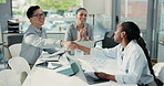 Happy, people or applause in meeting with handshake, b2b business deal or agreement in data analysis. Shaking hands, clapping and team in office for stats negotiation, collaboration and contract.