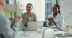 Woman, applause and happy with group at office meeting, profit goals or achievement at finance company. Person, accountant and team celebration with feedback, revenue and investment growth at agency