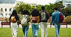 University, friends and back of students walking to class for learning, education and knowledge on campus. School, academy and people travel to lesson for college, scholarship and studying together