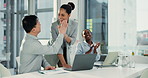 Laptop, business people and high five with proposal, celebration or news success for publishing office. Digital tech, applause and approval for creative project, promotion and smile in media agency