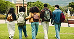 College, friends and back of students walking to class for learning, education and knowledge on campus. School, academy and people travel to lesson for university, scholarship and studying together