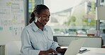 Office, typing and woman with laptop, happy and budget analysis on website and financial management. Investment, review and black person with tech for research, online and business analyst with info