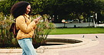 University, walking and woman with phone on campus for social media, networking and class schedule. School, academy and student on smartphone for connection, internet and mobile app at college