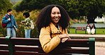 College, bench and face of woman on campus for learning, education and scholarship for academy. Happy, school and portrait of student outdoor for study opportunity, knowledge and course at university