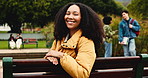 College, bench and face of student on campus for learning, education and scholarship for academy. Happy, school and portrait of woman outdoor for study opportunity, knowledge and course at university
