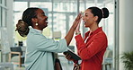 Women, high five and excited with tablet at startup for goals, celebration and teamwork in office. Business people, happy and support with tech, app and motivation for project at creative agency