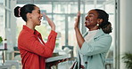 Tablet, high five and women in office, creative agency and teamwork with smile, feedback and design project. People, employees and coworking with tech, app and cooperation with gesture and agreement