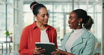Review, smile and women in office with tablet, director feedback and pride for report. Happy, collaboration and consultant in workplace with tech, collective goal or research for consumer growth.