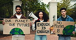 Students, poster and face for protest at campus with loudspeaker for climate change demonstration. People, group and sign for sustainability, eco friendly and global warming awareness at university