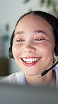 Telemarketing, woman and video call in office with tech for lead generation, insurance sales and chat. Happy, consultant and person with online meeting, client negotiation and networking discussion.