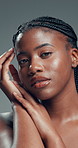Face, skincare and wellness with black woman in studio for body care, cosmetics or dermatology. Aesthetic, beauty and natural with confident African model on gray background for benefits or results