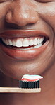 Dental health, mouth and person with bamboo toothbrush, oral hygiene or fresh breath for wellness. Self care, gum cleaning or black woman with toothpaste for teeth whitening, smile or morning routine