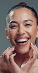 Skincare, face or woman in studio with hands, facial glow or shine in cosmetology. Closeup, nails or female person on gray background with happiness, grooming or smooth skin in beauty results.