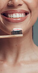 Dental health, mouth and woman with bamboo toothbrush, oral hygiene or fresh breath for wellness. Self care, gum cleaning or person with toothpaste for teeth whitening, smile or morning routine
