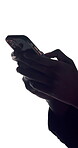 Hands, typing or networking in studio with phone for social media, online conversation or chat. Person, scroll or research with tech for mobile app, text message or internet news on white background.