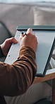 Person, therapist and hands writing with clipboard for notes, counseling or checklist in clinic. Closeup, psychiatrist or list with paperwork or documents for therapy session, consultation or report