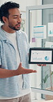 Businessman, tablet screen and graphs in meeting for presentation, campaign performance or trends. Technology display, presenter or marketer in office for social media marketing, chart or analysis