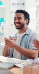 Happy, creative and man with applause in meeting for good news, company success and finance goals. Smile, people and clapping with fist bump, financial documents and celebration for project funding