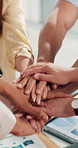 Hands, motivation and stack with business people in office together for success or support. Celebration, huddle and team building with employee group at work for collaboration, solidarity or unity