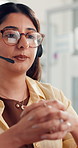 Call center, headset and woman in office, talking and communication with help desk. Person, consultant and employee in workplace, conversation and customer service with advice, questions and feedback