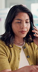Woman, phone call and speaking in office for business growth, financial planning or report feedback. Person, talk and reading in workplace with tech for contact, finance review and development goals.