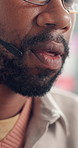 Mouth, call center and man speaking for customer service, contact us or help desk. Mic, support and lips talking for virtual assistance, inbound communication and advice with African consultant
