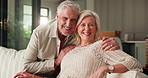 Face, hug and senior couple in home with love, bonding and together in living room. Portrait, old man and mature woman with embrace for care, trust and relationship or marriage for retirement