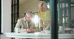 Old couple, paperwork and signature with documents in home for finance savings, budget and policy review. Senior woman, mature man and deal for bills, assets and information for retirement planning