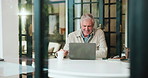 Happy, home and mature man on laptop for remote work, planning story and research online. Creative author, house and person on computer for typing novel, editing draft and proofreading submission