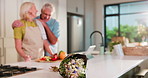 Bouquet, hug and old couple in kitchen, love and bonding together with present, home and care. Relationship, man and woman with gift, retirement and flowers with anniversary, romantic and embrace