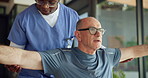 Old man, consultation and stretching with nurse, nursing home or physical therapy for rehabilitation. Healthcare, caregiver or elderly patient with injury, people and recovery in wellness center