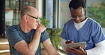 Man, physiotherapist and shoulder pain with clipboard, talk or writing notes for healing process. Person, senior patient and admin on checklist for assessment, rehabilitation or explain at clinic