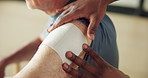 Hands, man and bandage on arm with nurse for health, healing or wellness in retirement home. Senior person, medical patch and apply transdermal medication, treatment or injury recovery with caregiver