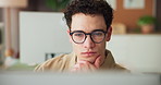 Business, thinking and man in office, tech and online reading with copywriting, ideas and submission. Glasses, person and journalist in workplace, pc and research for article, publication or editing